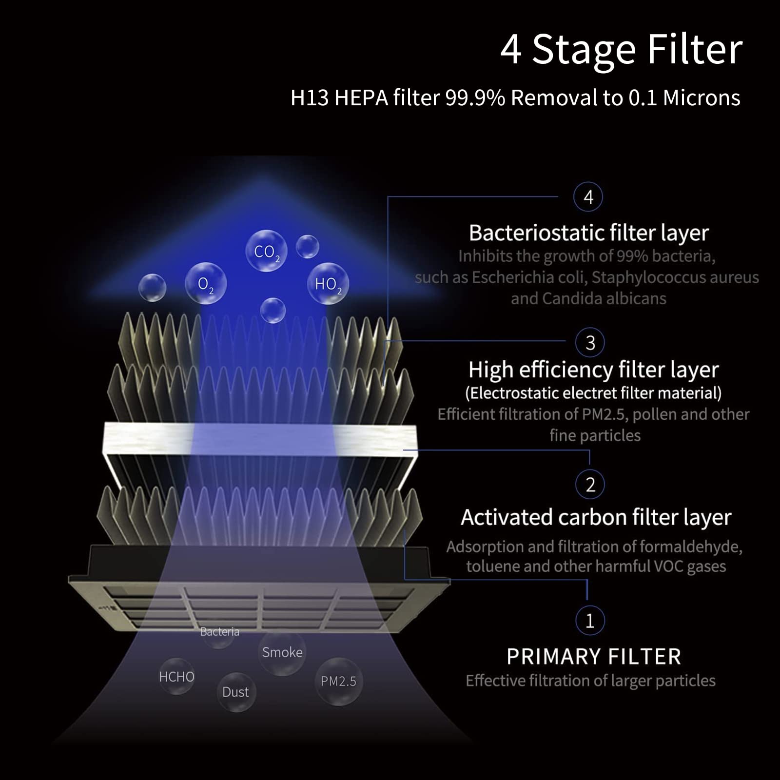 Portable H13 True HEPA Air Purifier - 99.9% Removal of Dust, Smoke, Odors & Bacteria (0.1 Microns) - Ideal for Bedroom, Car Travel & Office - Compact Black Air Cleaner for Allergies & Pet Dander