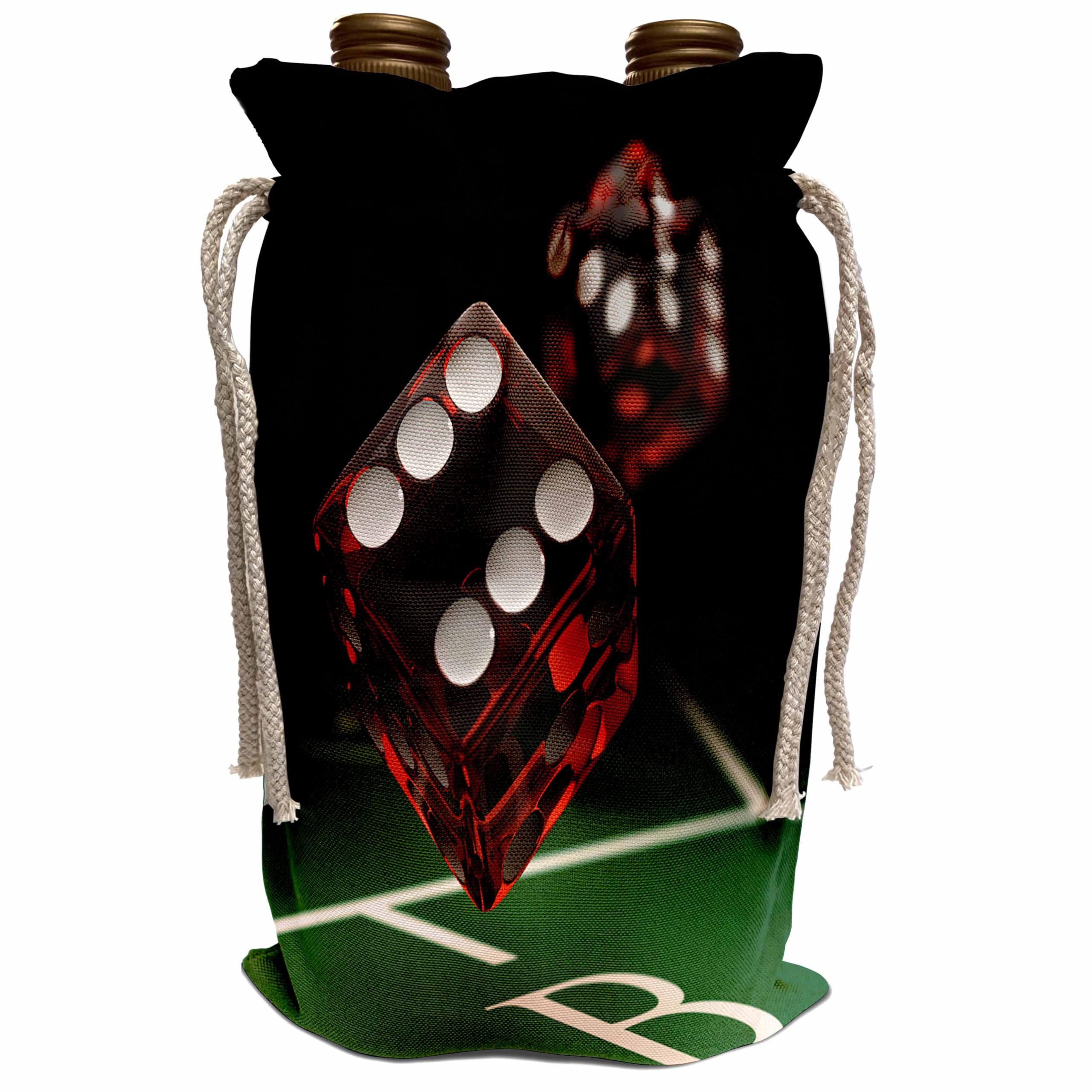 3D Rose Craps Dice in Mid-Air Rolling Table Gambling Casino Wine Bag - 13.5 x 8.5 Inch Beige Tote for Casino Nights, Wine Tasting & Gift Giving