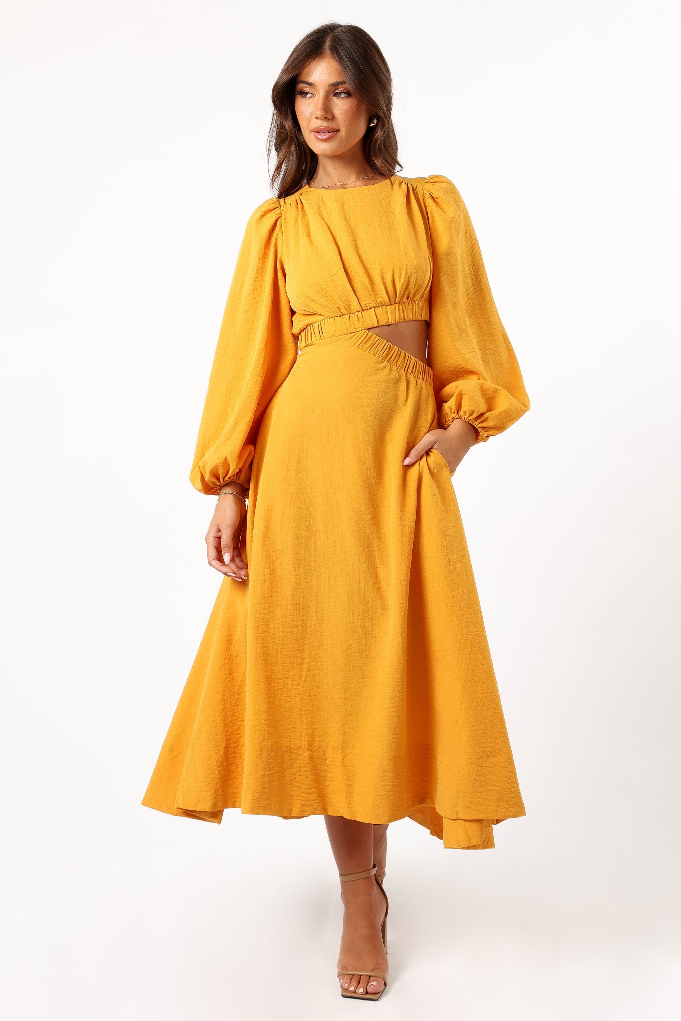 Ginnee Puff Sleeve Cutout Midi Dress in Mustard Yellow | Flowy Summer Dress for Women | Perfect for Beach Vacations, Date Nights & Outdoor Parties