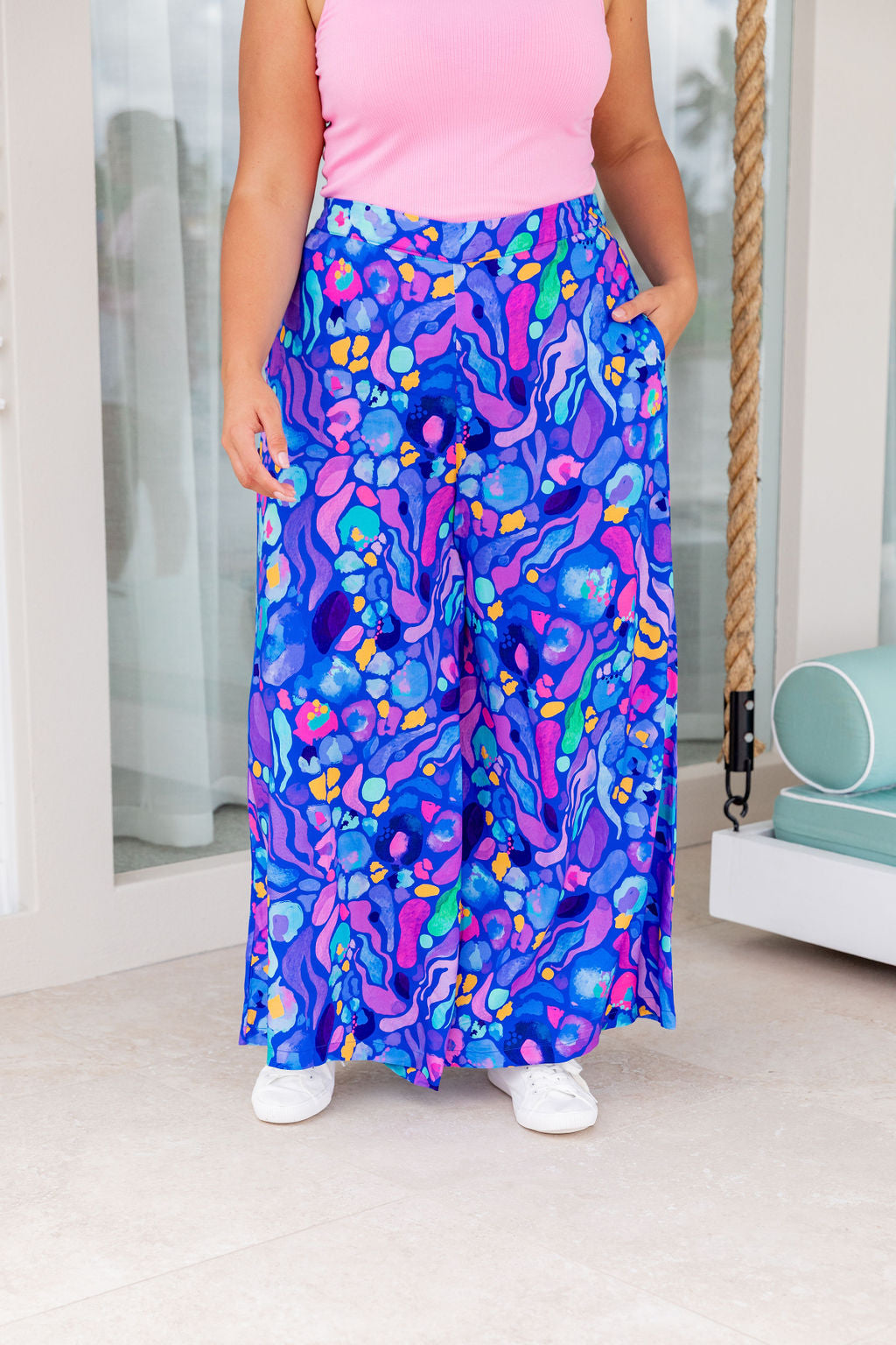 Kasey Rainbow Larsa Pants - Women's High Waisted Flowy Beach Pants in Reef Blue | Perfect for Summer Vacations, Beach Outings & Boho Fashion