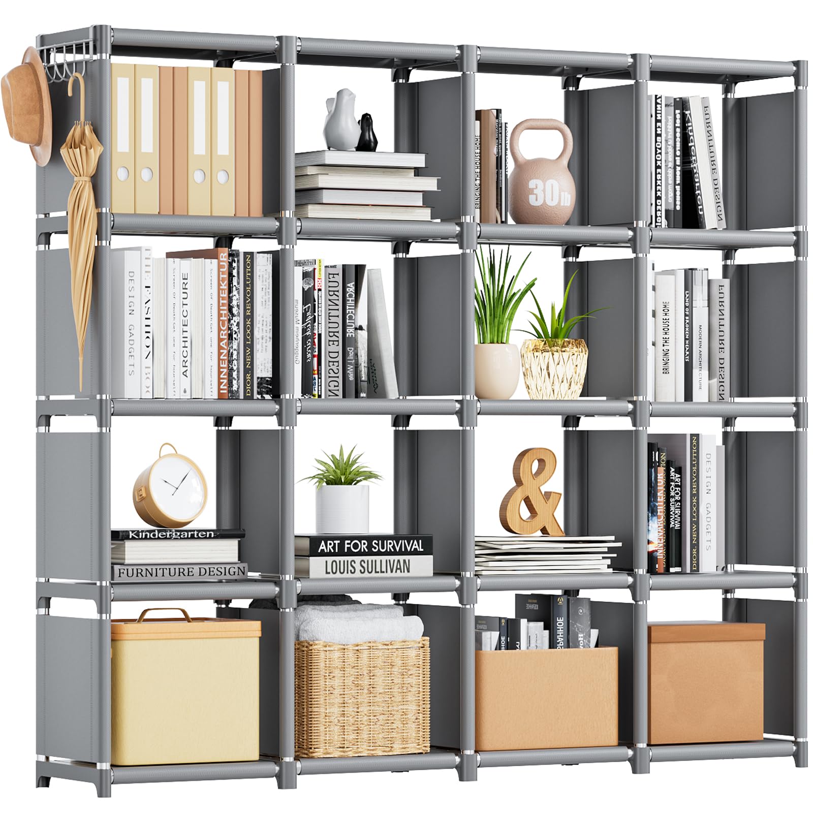 16 Cube Storage Organizer - DIY Metal Bookcase Shelf for Bedroom, Living Room, Office & Closet | Grey Cubicle Storage Rack for Books, Toys, Decor & More | Space-Saving Home Organization Solution