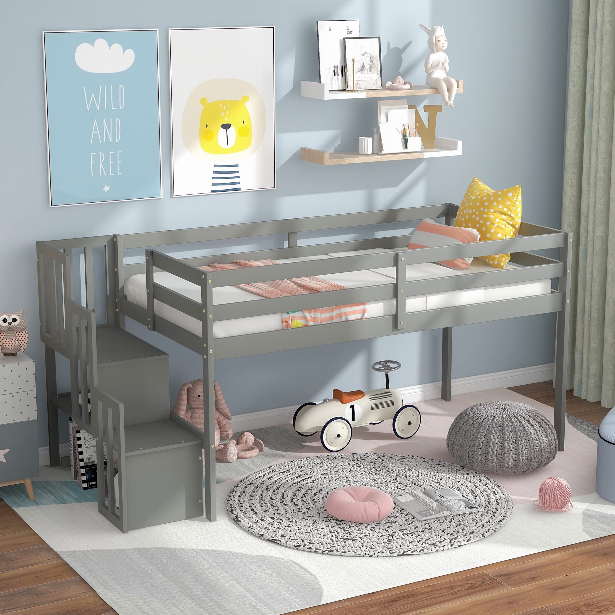 Bellemave Low Loft Twin Bed with Stairs & Storage - Sturdy Wooden Bed Frame for Kids, Teens, Boys & Girls - Space-Saving Gray Bedroom Furniture for Small Rooms, Dorms & Apartments