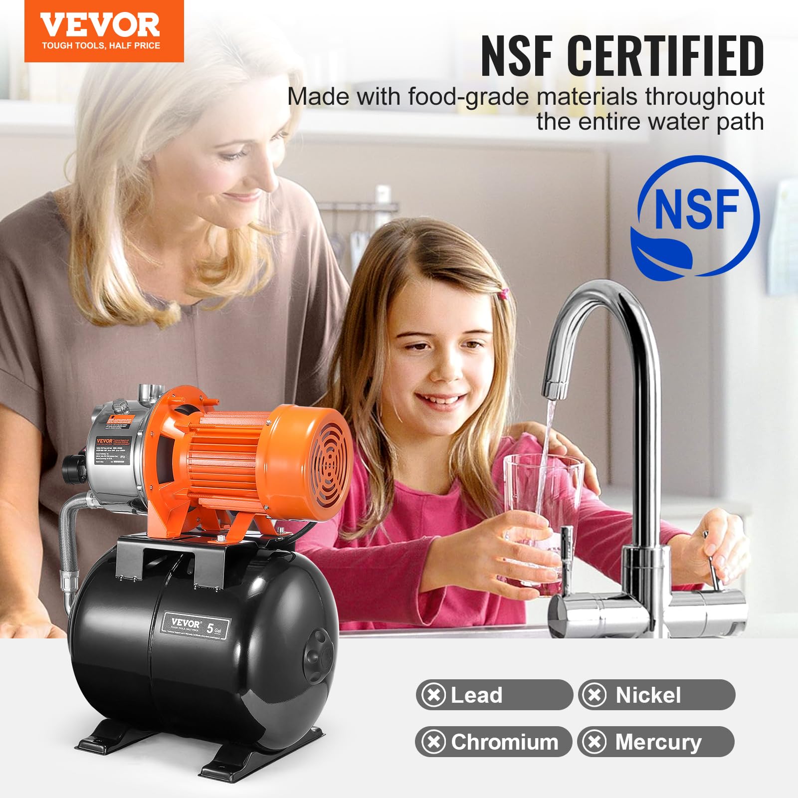 VEVOR 1.6 HP Shallow Well Pump with Pressure Tank, 1320 GPH Automatic Water Booster Pump, 30/50 PSI Pressure Switch - NSF Certified for Safe Drinking Water | Ideal for Home Garden Irrigation, Lawn Watering & Residential Water Supply