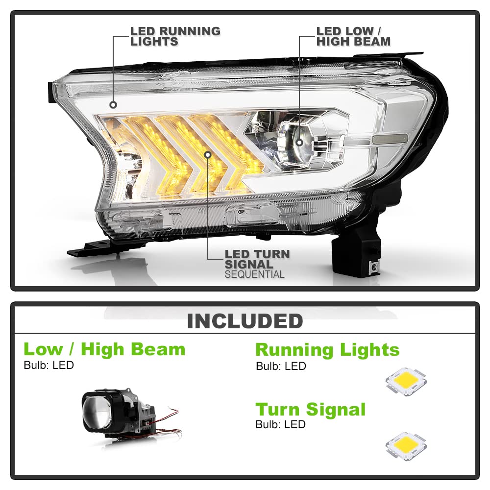 ACANII LED Projector Headlights for 2019-2022 Ford Ranger XL XLT - Chrome Sequential Turn Signal Tube - Full LED Headlamp Pair - Upgrade Your Truck's Style & Night Visibility for Off-Roading & Daily Driving