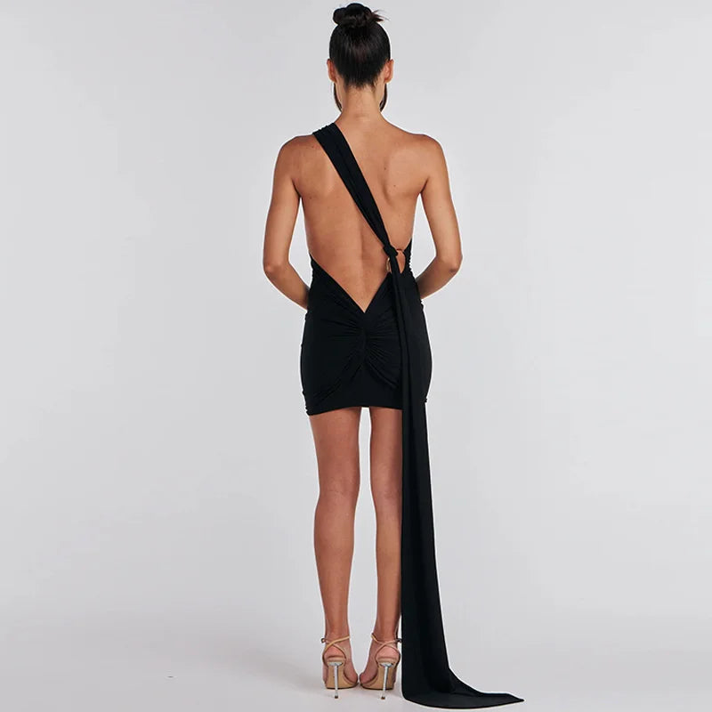 Sexy Backless Halter Mini Dress for Women - Fashion Metal Ring Sleeveless Pleated Bodycon Party Dress | Perfect for Night Out, Club Wear, and Special Occasions