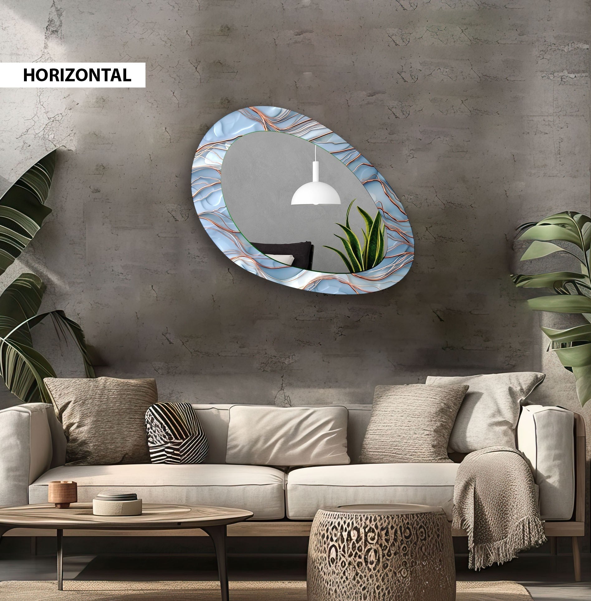 Blue and Copper Oval Modern Wall Mirror - Elegant Home Decor for Living Room, Bedroom & Entryway - Perfect for Adding Style and Depth to Any Space