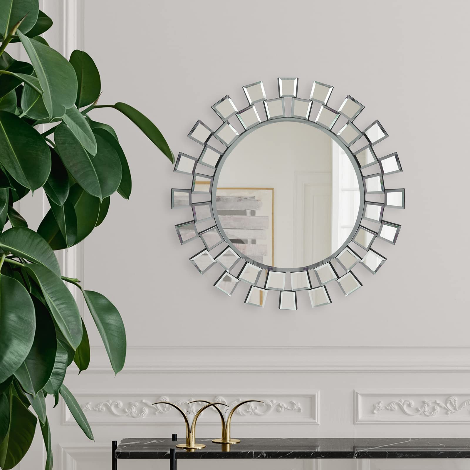 BST FURNH 24 Inch Sunburst Mirror - Round Frameless Wall Mirror Decor for Living Room, Bedroom & Bathroom - Elegant Sun Mirror for Home & Office Decoration