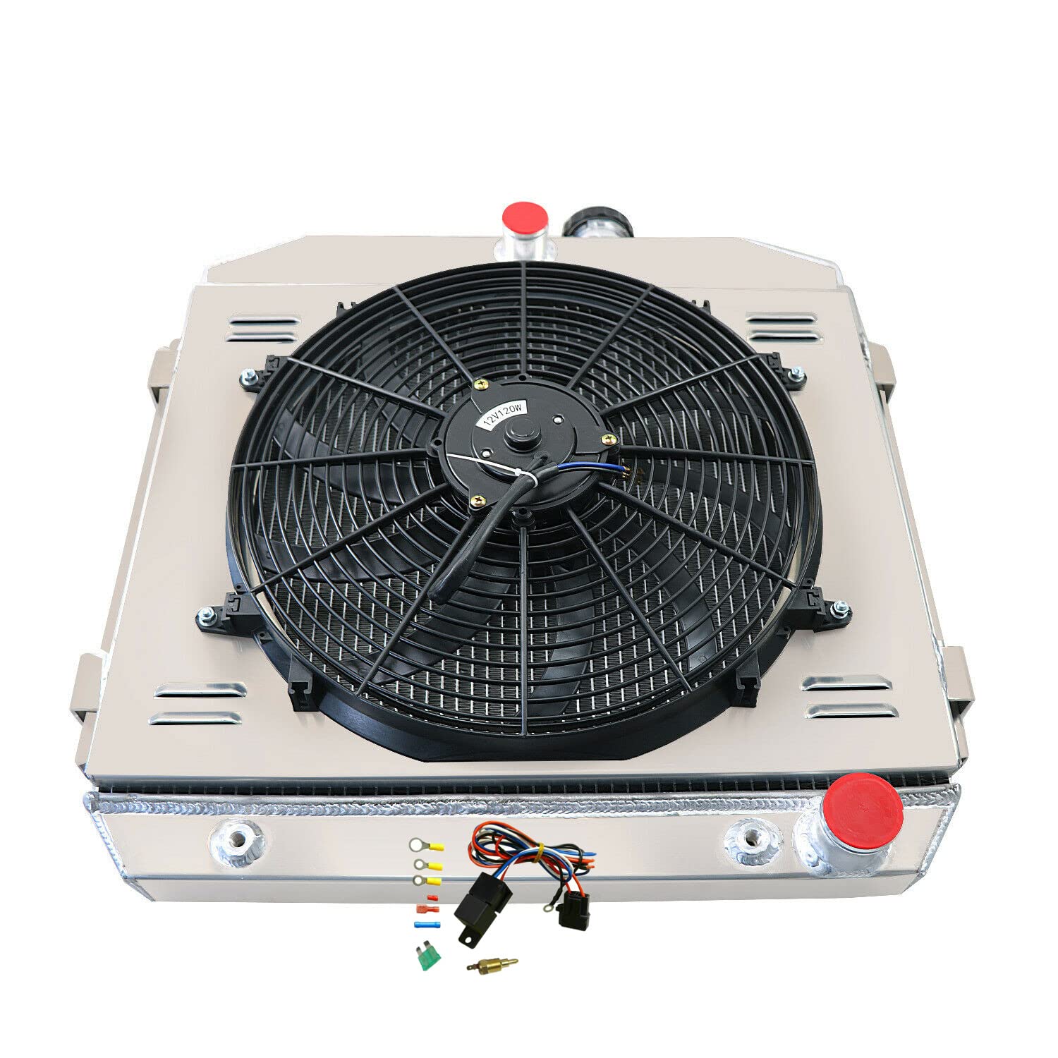 1955-1957 Chevy Bel Air Truck One-Fifty Two-Ten Series 3 Row Aluminum Radiator with Fan Shroud & Relay - High Performance Cooling for L6 & V8 Gas Engines - Perfect for Restoration Projects & Hot Rod Upgrades