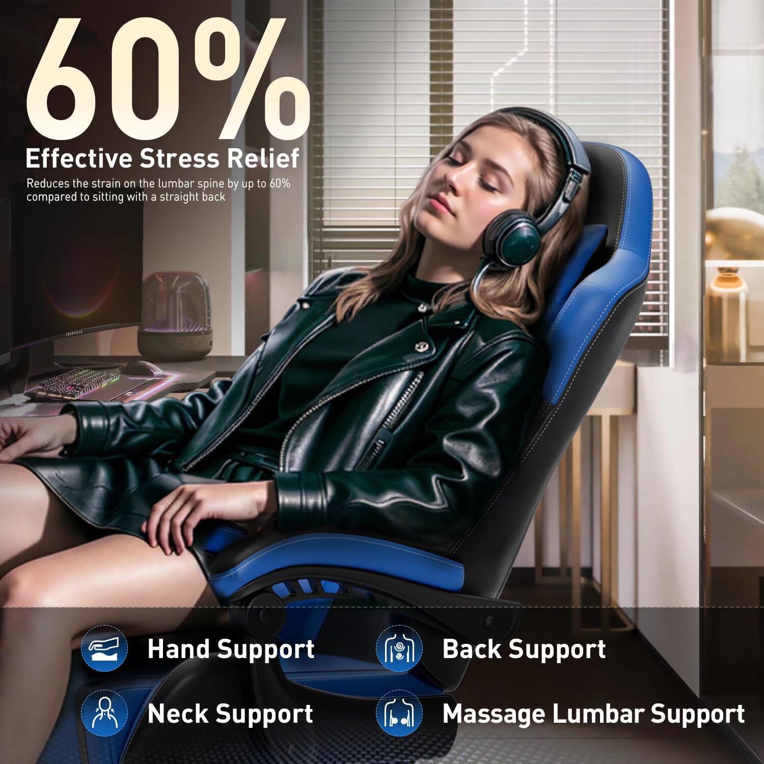 HLDIRECT Ergonomic Gaming Chair with Headrest & Lumbar Support - PU Leather Swivel Office Computer Chair for Adults, Black & Blue - Perfect for Esports, Streaming & Home Office Workspace