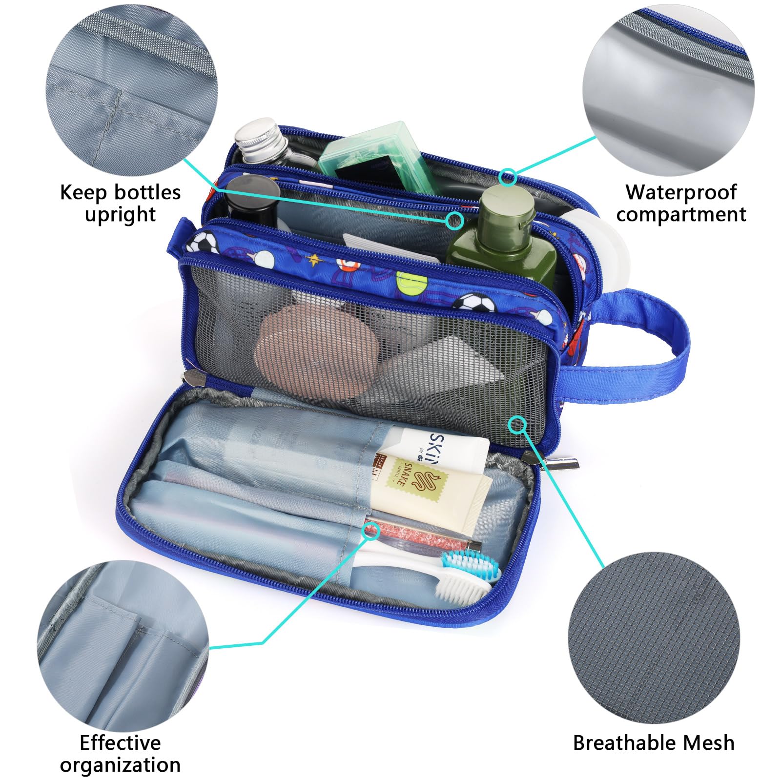 Waterproof Hanging Toiletry Bag for Boys - Kids Travel Wash Bag with Soccer Ball Design, Portable Toddler Toiletries Organizer for Camping, School Trips & Vacation