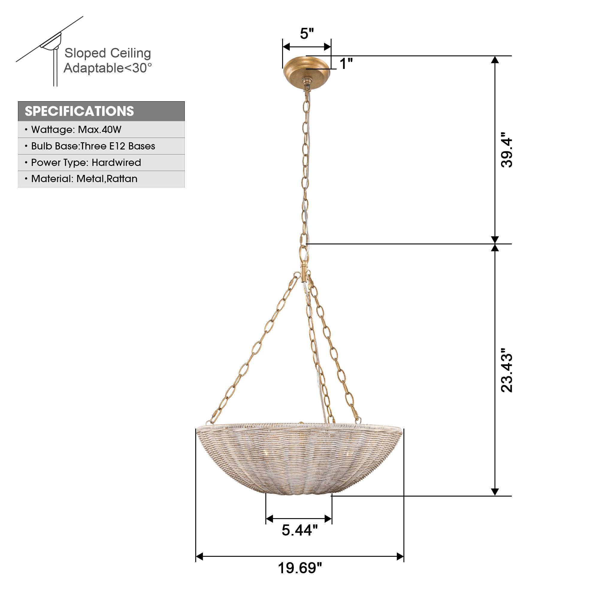 Farmhouse 3-Light Rattan Pendant Lighting - Bowl Shaped Ceiling Light Fixture for Kitchen Island, Dining Room, or Bedroom Decor