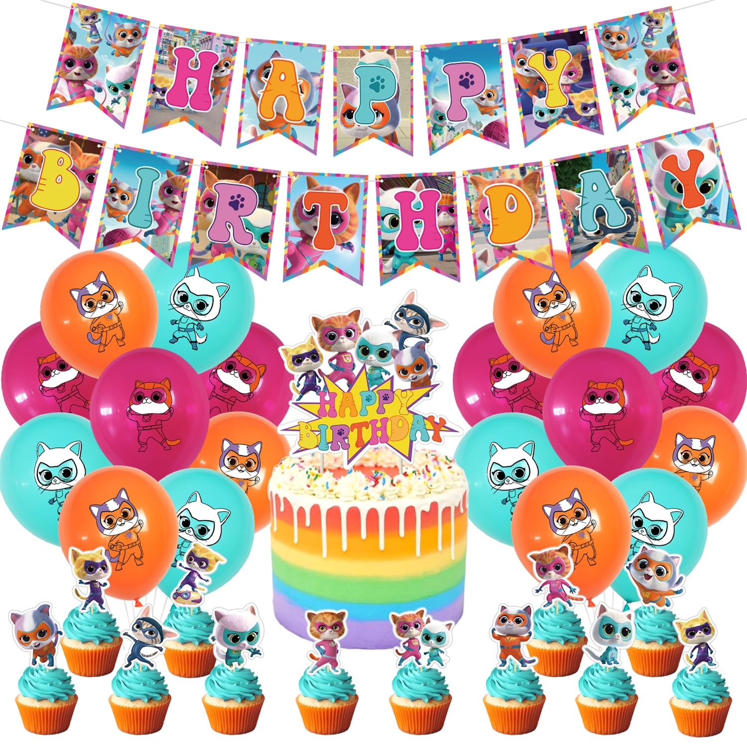 Super Kitties Birthday Party Decorations Kit - Includes Happy Birthday Banners, Cake & Cupcake Toppers, Latex Balloons - Perfect for Kids' Birthday Parties & Themed Celebrations