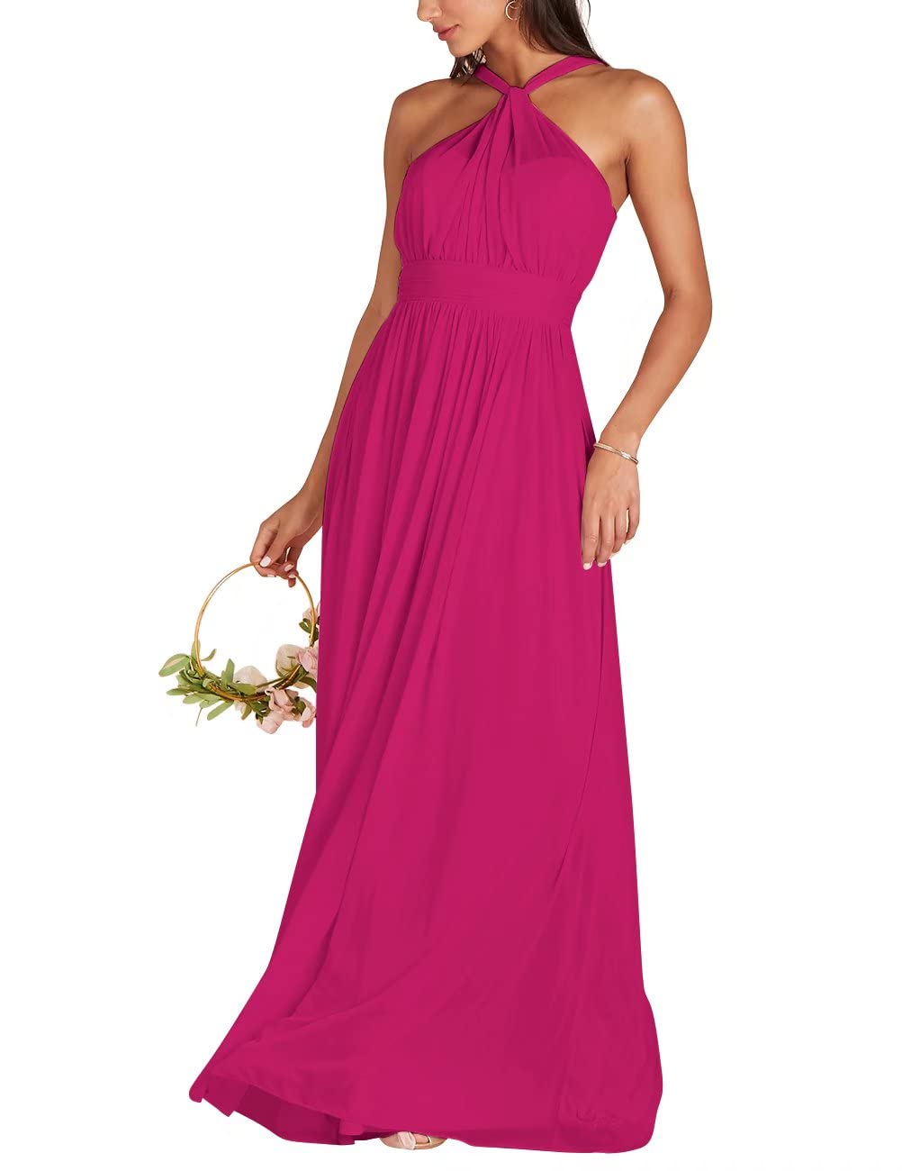 Elegant Halter Chiffon Bridesmaid Dress - Long Sleeveless Prom Gown with Pleated Detail for Women | Perfect for Weddings, Formal Parties & Special Occasions