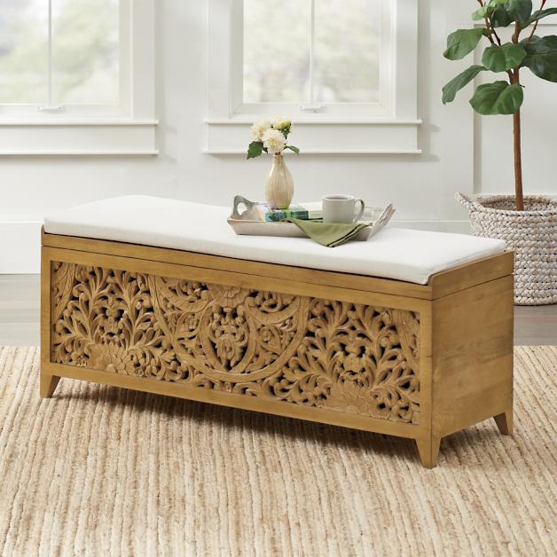 Hand Carved Indian Storage Bench - Wooden Entryway Bench with Storage, Boho Decor for Living Room, Bedroom & Hallway - Perfect for Shoe Storage, Blankets & Home Organization