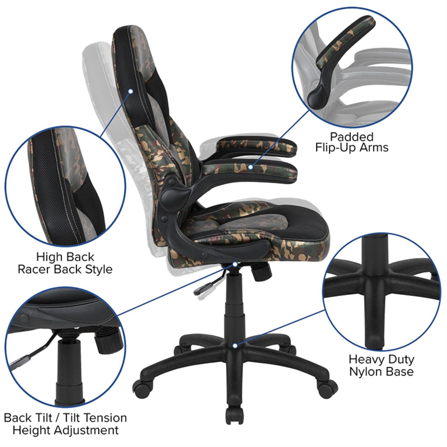 Flash Furniture Black Gaming Desk & Camouflage Racing Chair Set with Cup Holder, Headphone Hook, Monitor Stand - Perfect for PC Gaming Setup, Home Office, and Esports Tournaments