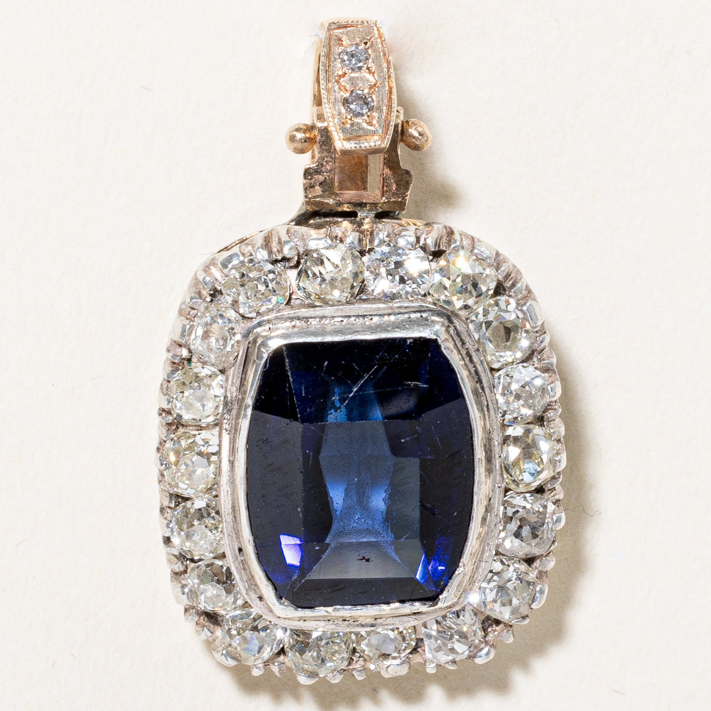 Vintage European Cut Diamond Pendant with Lab-Created Sapphire | 1.8ctw Diamond, 4.5ct Sapphire, 0.01ctw Accents | Elegant Jewelry Gift for Women, Perfect for Weddings, Anniversaries & Special Occasions
