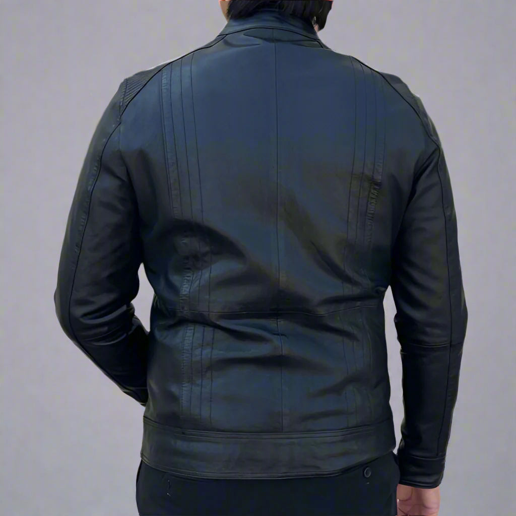 Premium Men's Genuine Sheep Leather Jacket with 4 Pockets, Stand Collar & Silver Zippers - Stylish Outerwear for Casual Wear, Motorcycle Riding & Fall Fashion