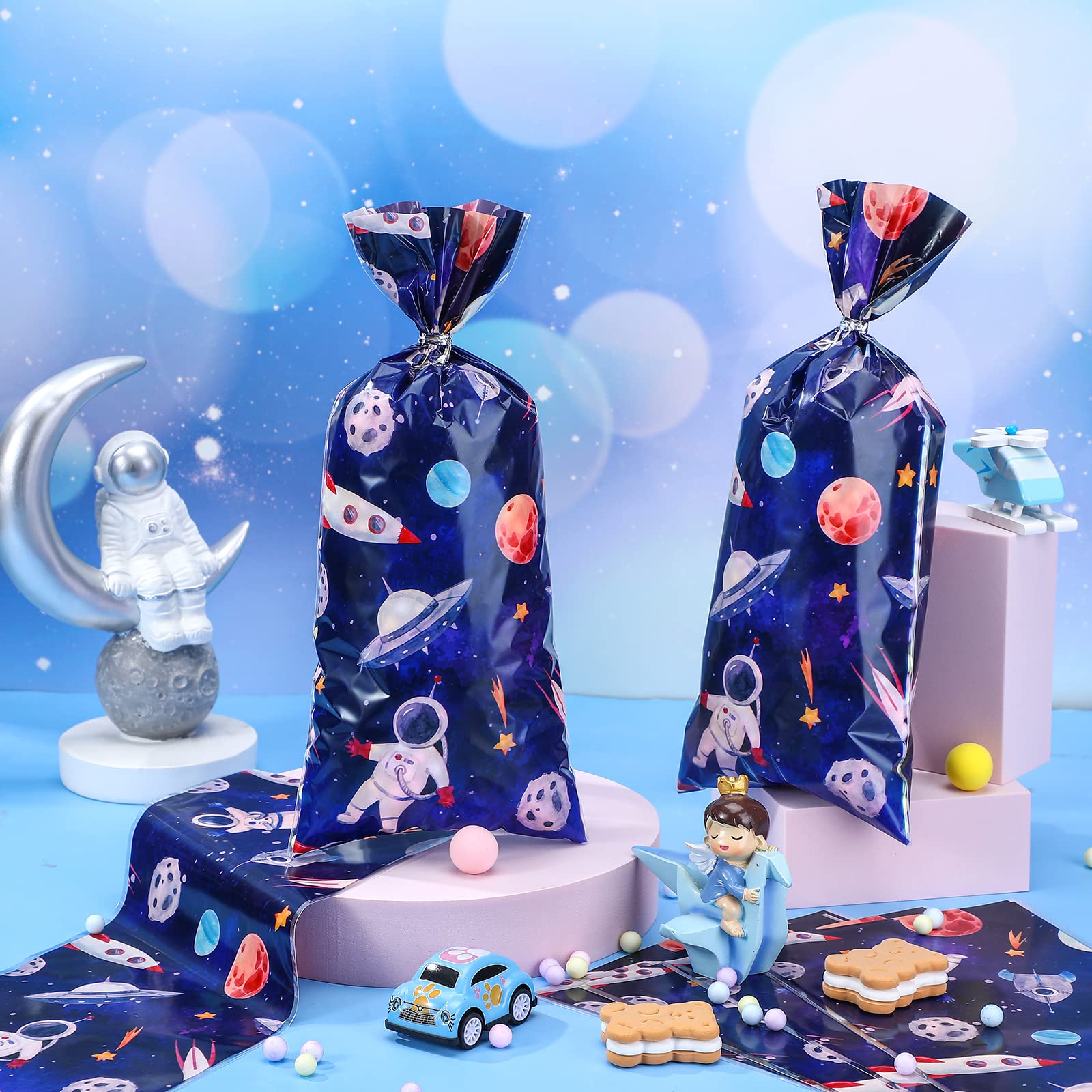 Yexiya 120 Pcs Outer Space Cellophane Bags - Galaxy Themed Plastic Goodie Bags for Astronaut Party Favors, Candy & Birthday Decorations - Perfect for Space-Themed Birthday Parties, Baby Showers & Classroom Rewards