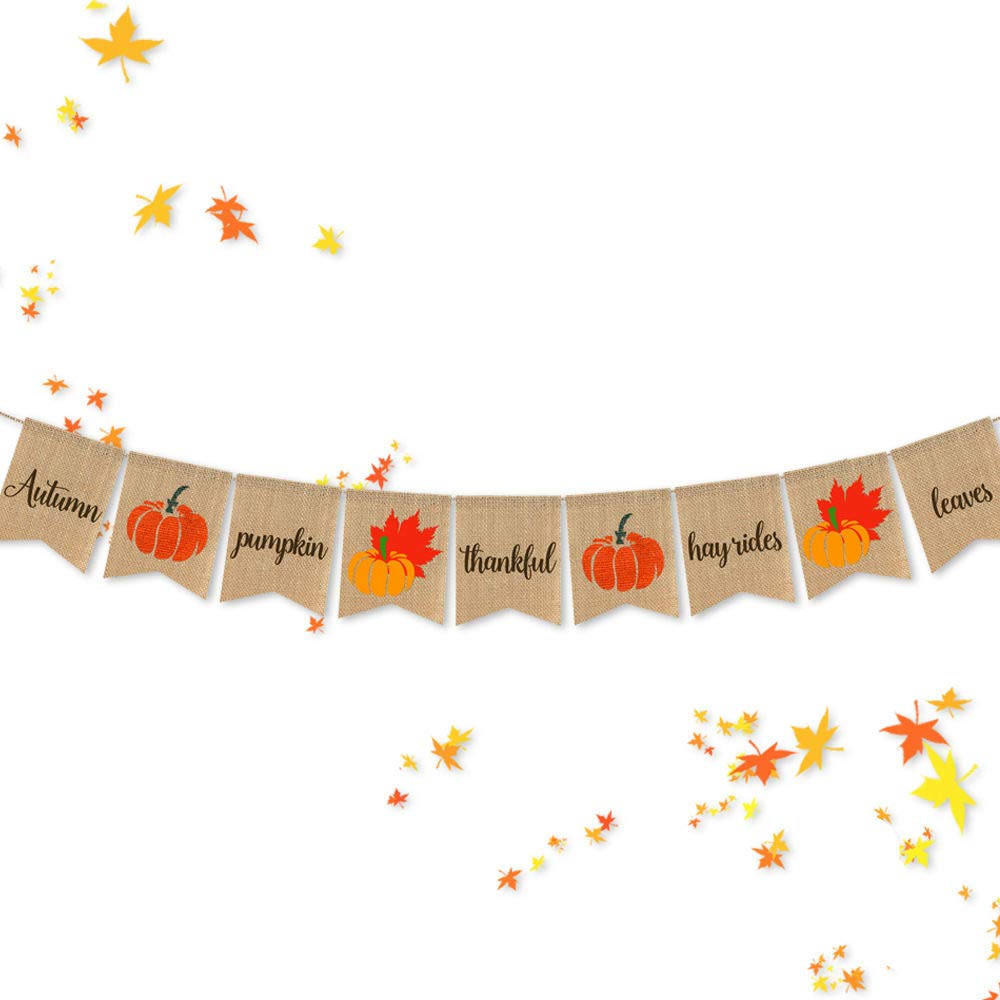 Burlap Autumn Thankful Banner - Rustic Pumpkin Thanksgiving Decor for Home, Party & Fall Festival Decorations