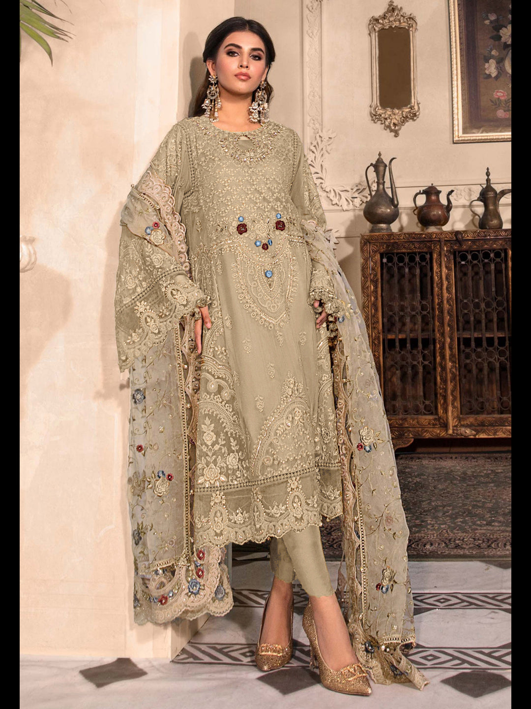 Elegant Beige Designer Semi-Stitched Pant Suit with Exquisite Embroidery - Perfect for Weddings, Parties & Special Occasions