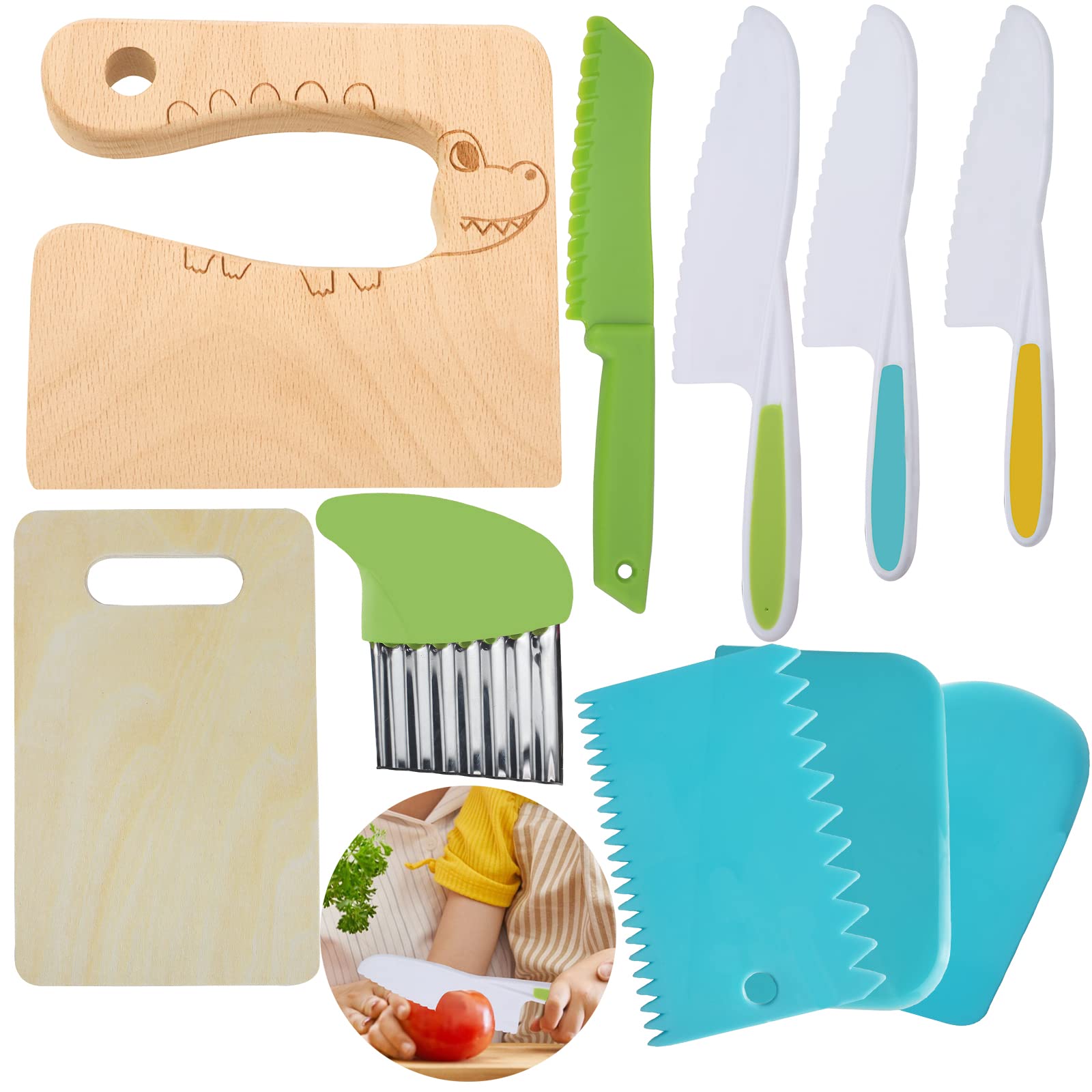 KOLODOGO 10-Piece Wooden Kids Kitchen Knife Set - Safe Plastic Slicers, Cooking Knives & Cake Scraper with Adorable Rectangle Cutting Board | Perfect for Toddler Cooking Pretend Play, Birthday Gifts & Montessori Learning Activities