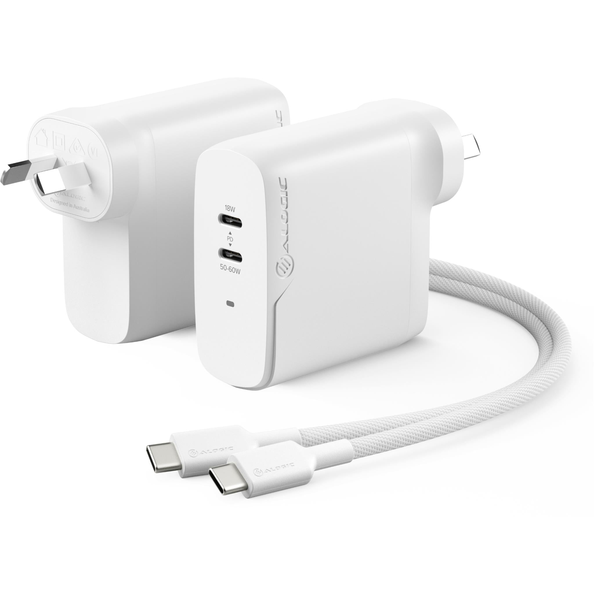ALOGIC 68W GaN Fast Wall Charger with 2 USB-C Ports & Included 68W USB-C Cable - Perfect for Travel, Office & Home Charging (iPhone, MacBook, iPad, Samsung)