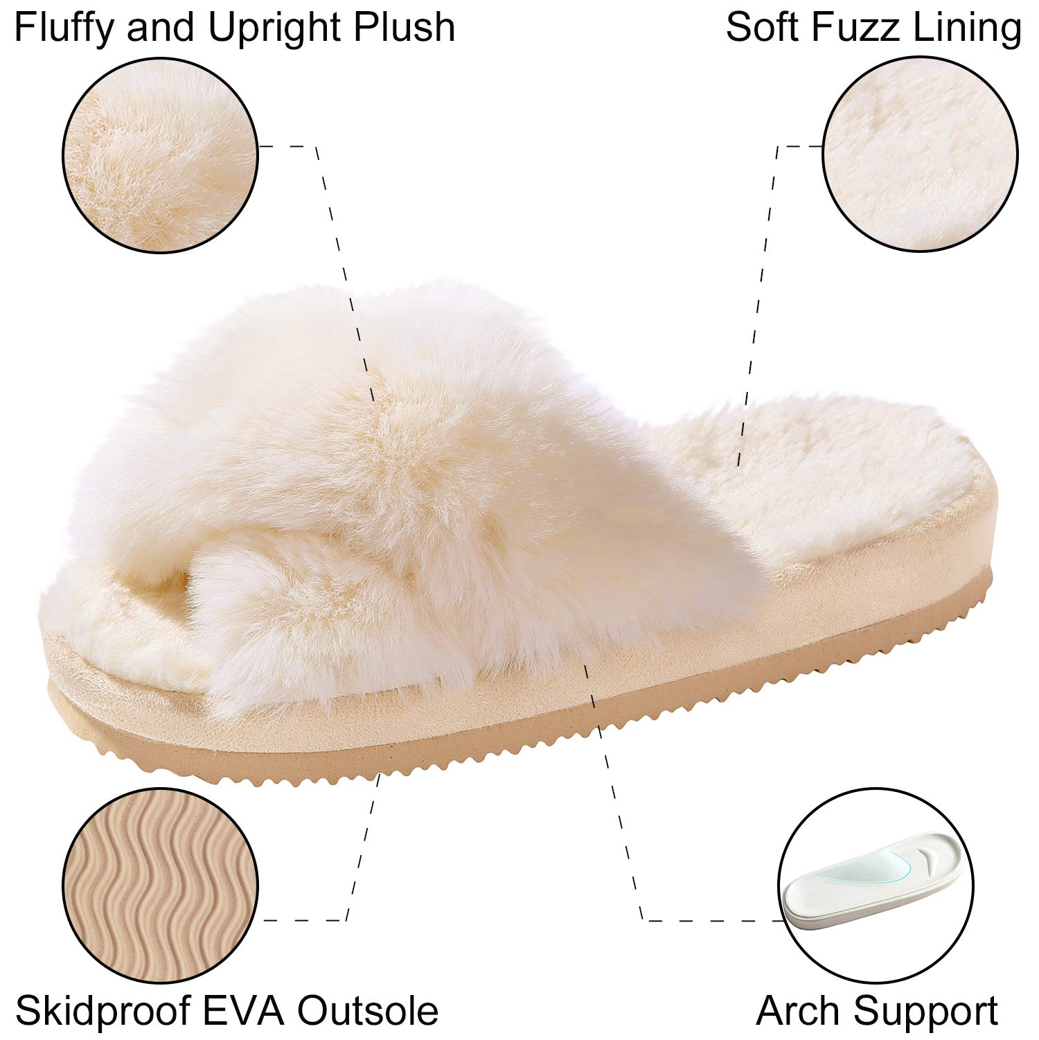 Comwarm Women's Fuzzy Cross Band Slippers - Soft Plush Open Toe House Shoes for Indoor & Outdoor Use - Cozy Bedroom Slippers for Relaxing at Home, Lounging & Spa Days