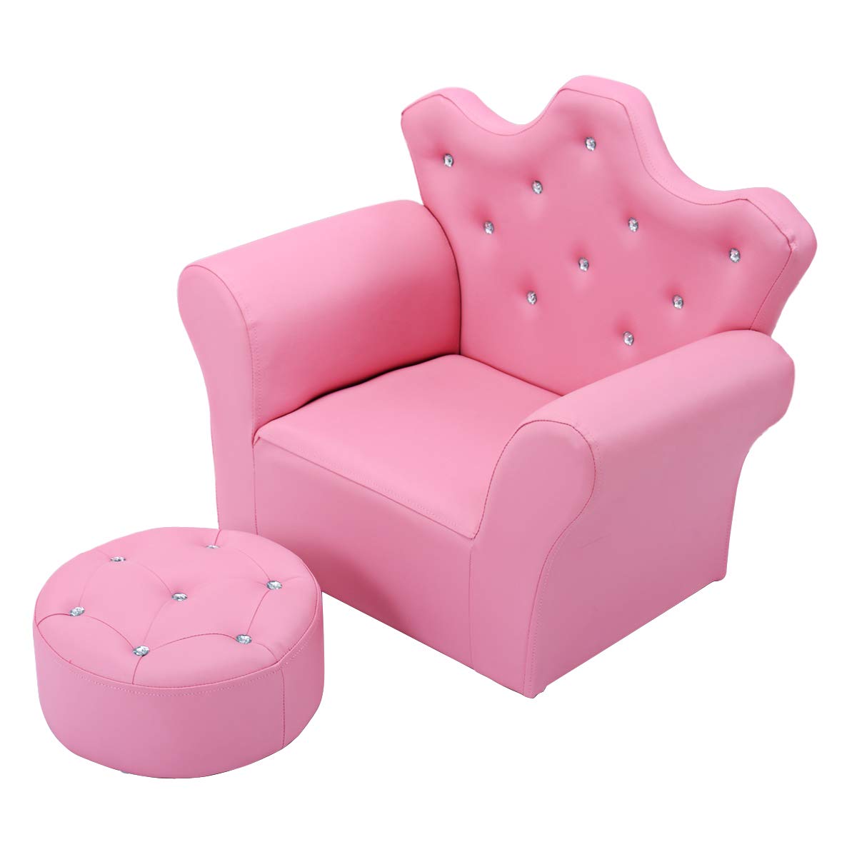 **GLACER Kids Sofa with Ottoman - Pink Upholstered PVC Leather Couch with Embedded Crystal, Crown-Back Armchair for Toddler Girls | Princess Chair for Playroom, Nursery, or Bedroom**