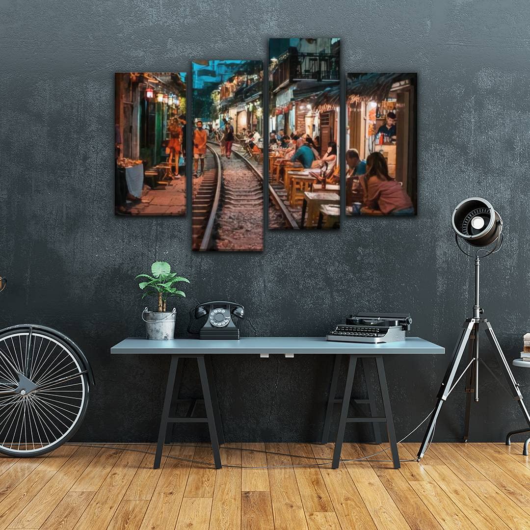 IGOONE 4-Panel Canvas Wall Art - Hanoi Vietnam Train Street Restaurant Scene Painting, Modern Framed Poster for Living Room & Bedroom Decor | Ready to Hang Home Decoration | Perfect for Housewarming Gift & Apartment Wall Decor