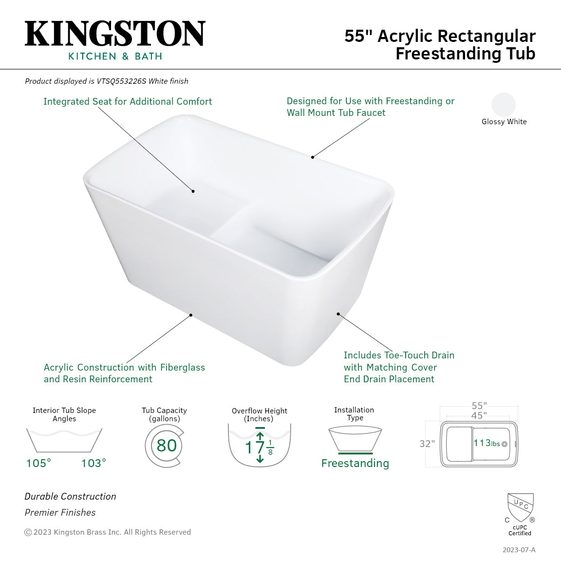 Aqua Eden 55 Inch Acrylic Freestanding Bathtub - Rectangular Double Ended Soaking Tub with Drain & Built-in Seat, Glossy White - Perfect for Luxury Bathroom & Spa Relaxation