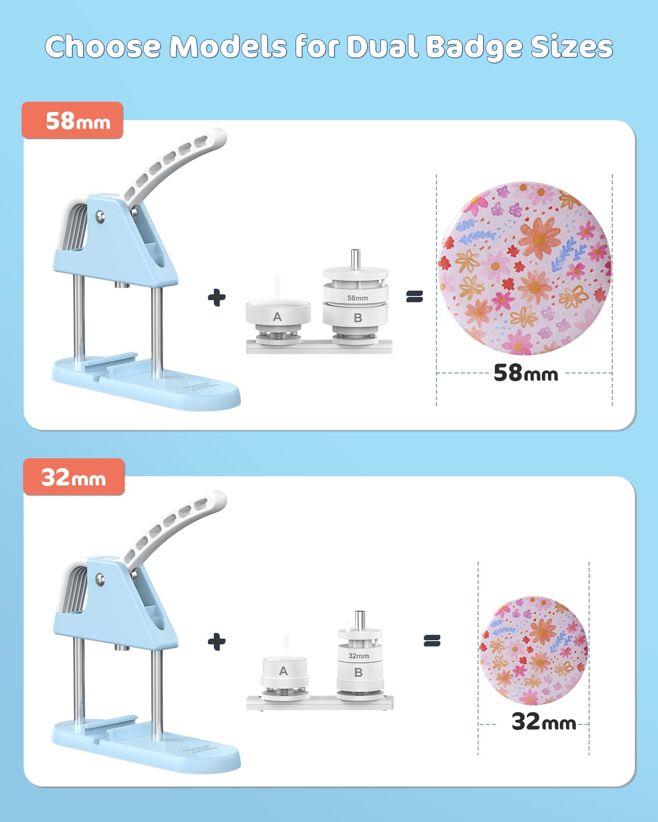 32mm & 58mm Professional Button Maker Machine Kit - Includes 200 Metal Backings, Sturdy Aluminum Body (1.25 & 2.25 Inch) for DIY Badges, Pins & Custom Buttons - Perfect for Craft Fairs, School Projects, Promotions & Personalized Gifts