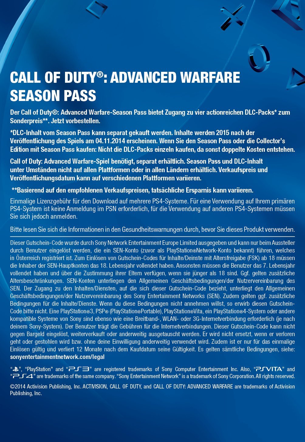 Call of Duty: Advanced Warfare Season Pass - PS4 Digital Code for Austrian Account | Game Expansion, DLCs & Bonus Content | Perfect for Multiplayer & Campaign Modes