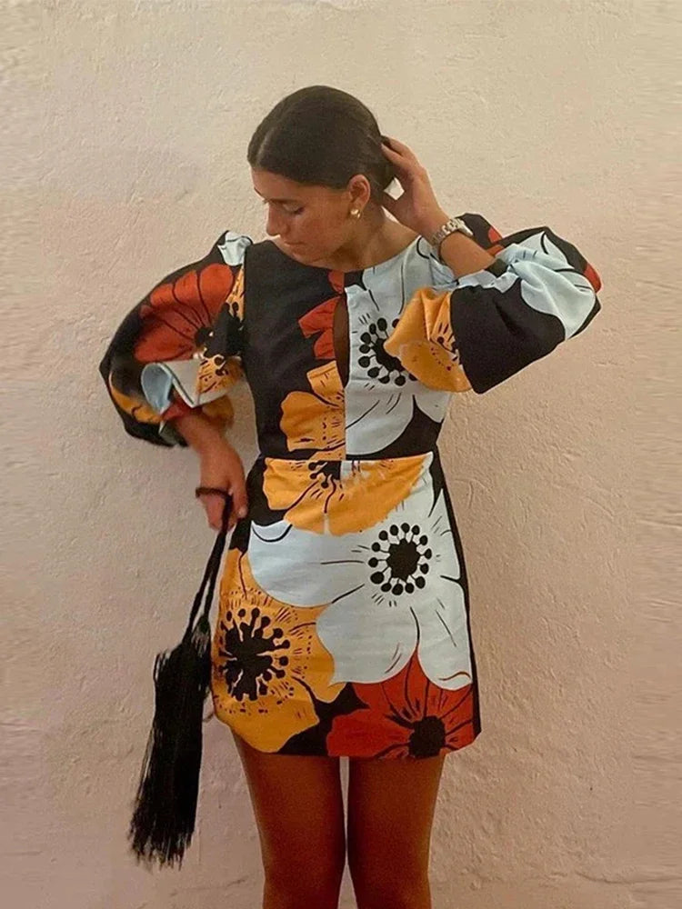 Elegant Backless Floral Mini Dress for Women - Summer Beach Party Dress with Long Lantern Sleeves & Chic O-Neck Design | Perfect for Vacations, Date Nights & Cocktail Parties