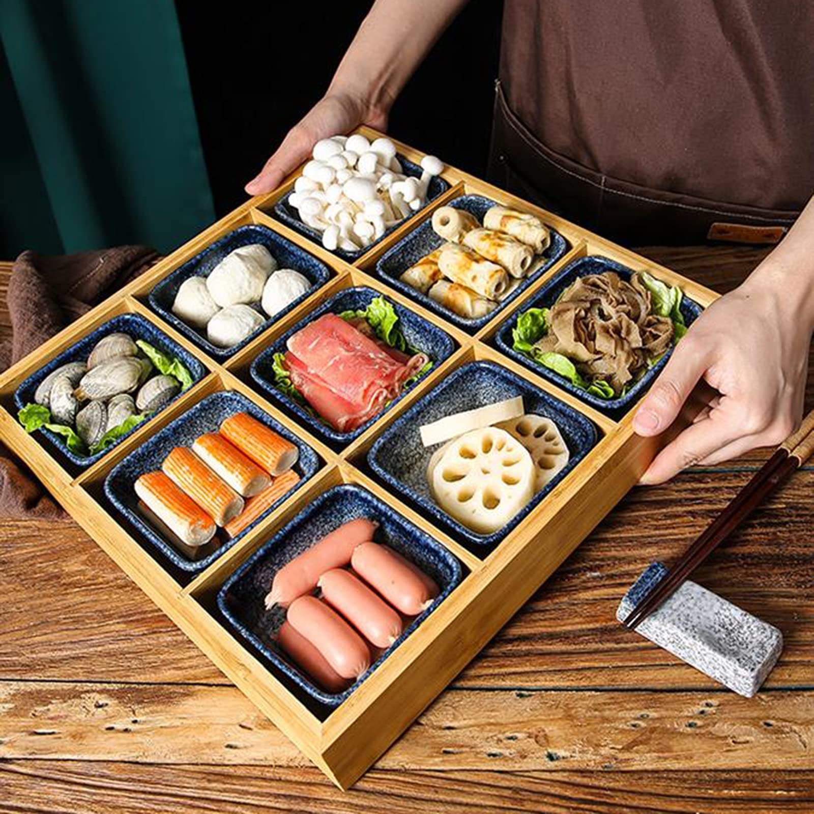 AIZYR Ceramic Snack Serving Platter with Wooden Tray - Elegant Sushi Appetizer Display Plate for Home, Restaurant & Party Use - Perfect for Entertaining, Hors d'Oeuvres & Charcuterie Boards
