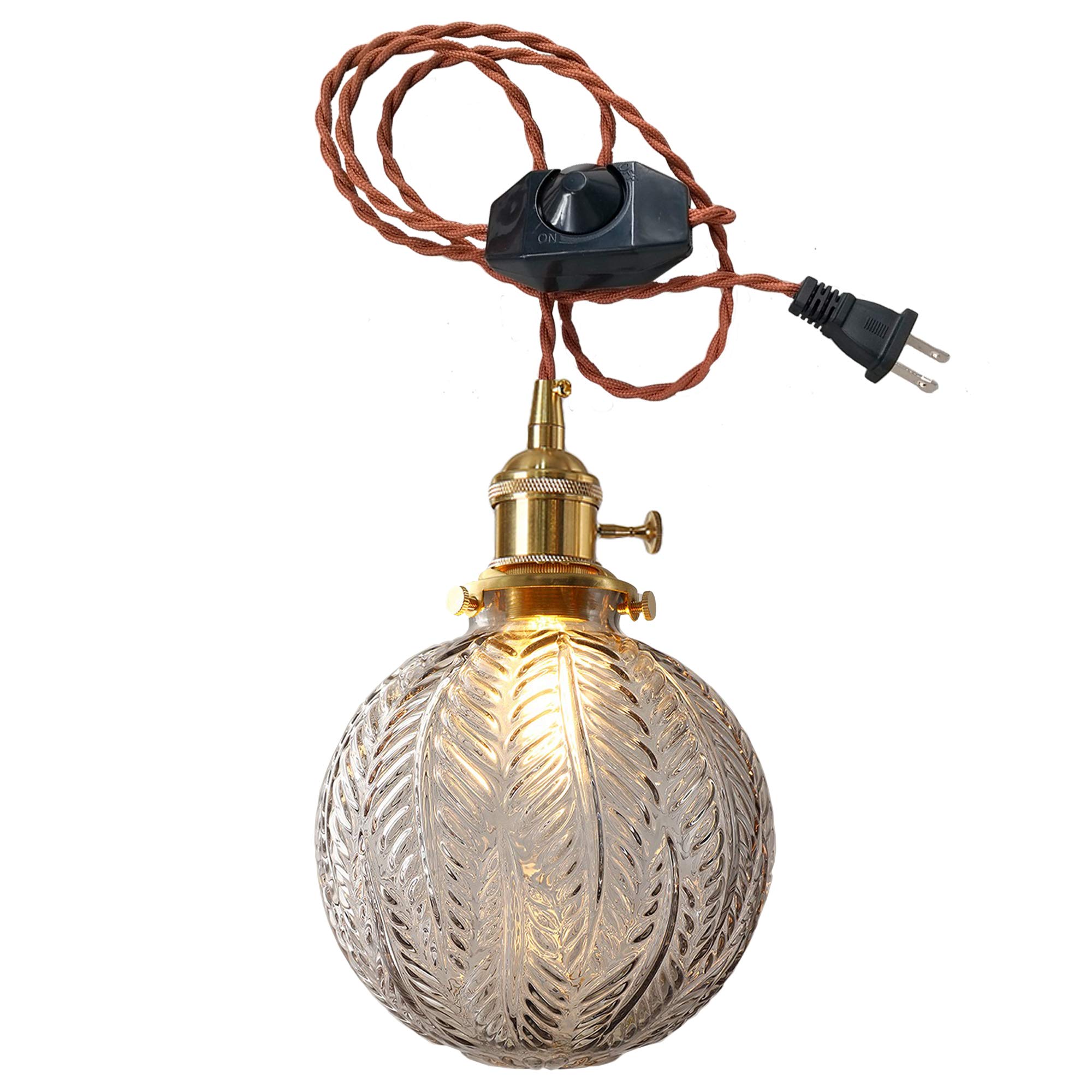Plug-in Hanging Swag Lamp with 15ft Brown Braided Cord - No Wiring Needed Pendant Light with UL Certified On/Off Dimmer Switch, Smokey Grey Glass Globe Shade & Copper Holder - Perfect for Bedroom, Living Room, Dining Room, and Cafe Decor