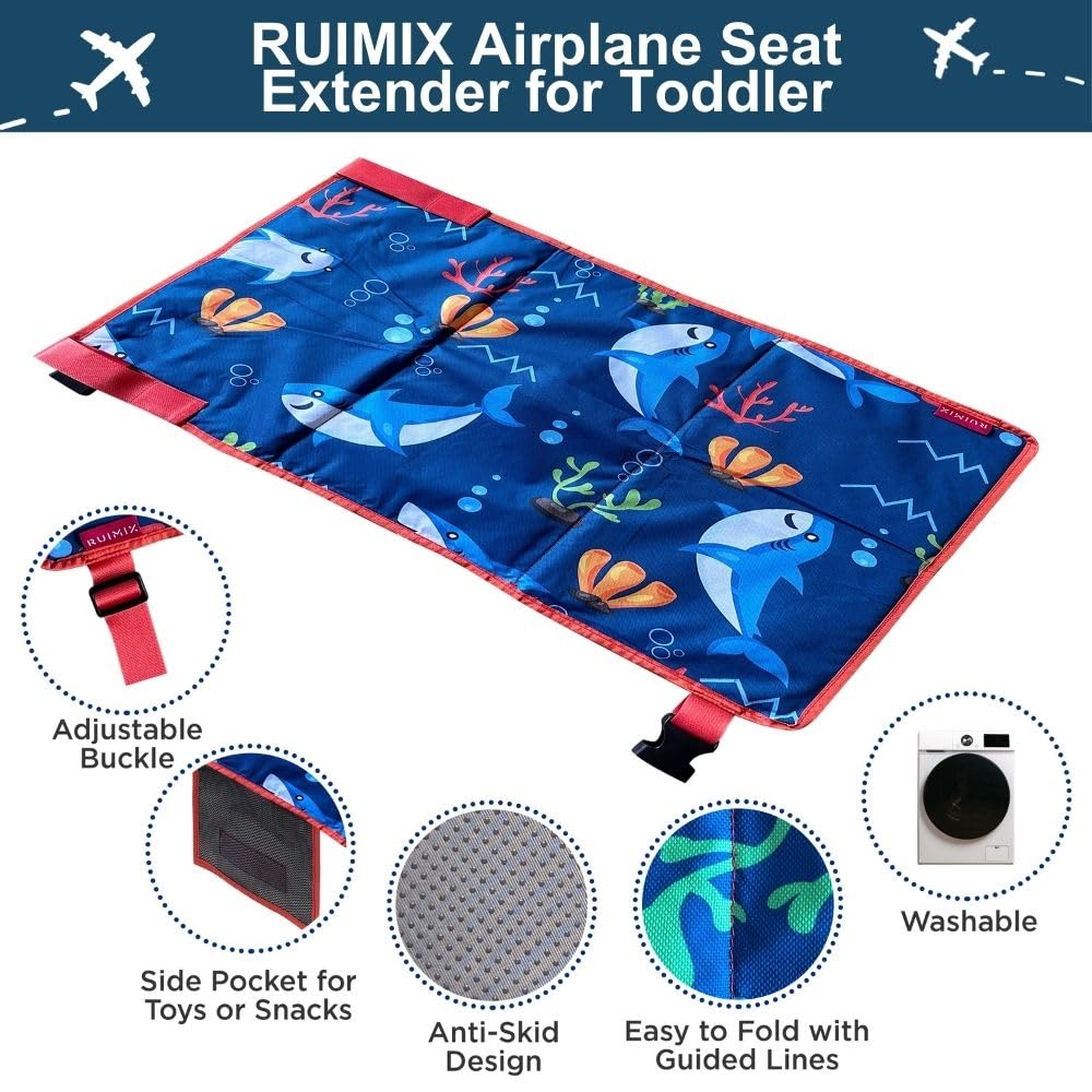 Blue Shark Toddler Airplane Seat Extender & Travel Bed - Portable Kids Inflight Sleep Solution for Long Flights | Airplane Must-Have for Comfortable Family Travel