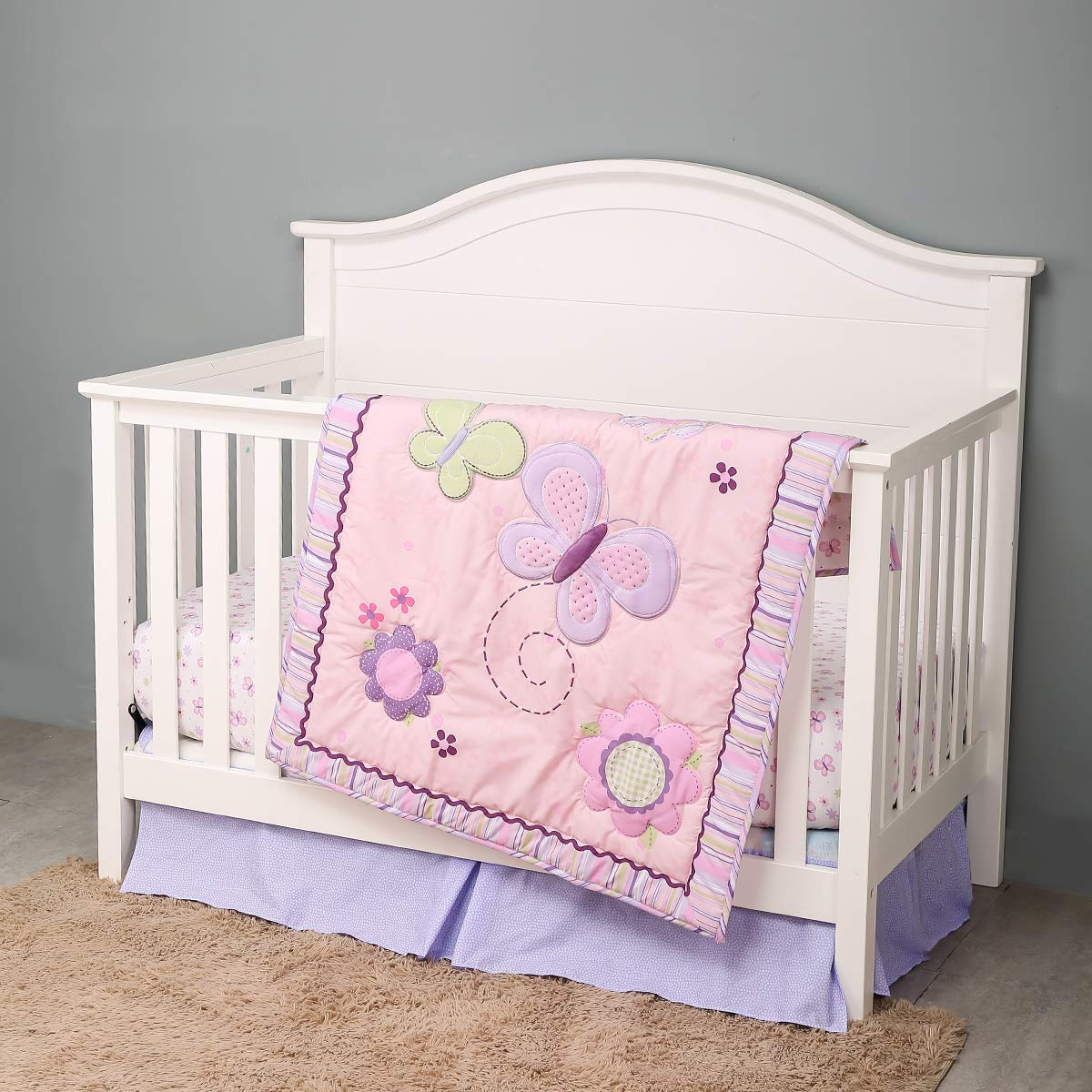 4-Piece Butterfly Nursery Crib Bedding Set for Baby Girls - Embroidered Butterfly & Floral Design with Quilt, Fitted Sheet, Dust Ruffle & Pillowcase - Perfect Baby Shower Gift & Nursery Decor for Newborns