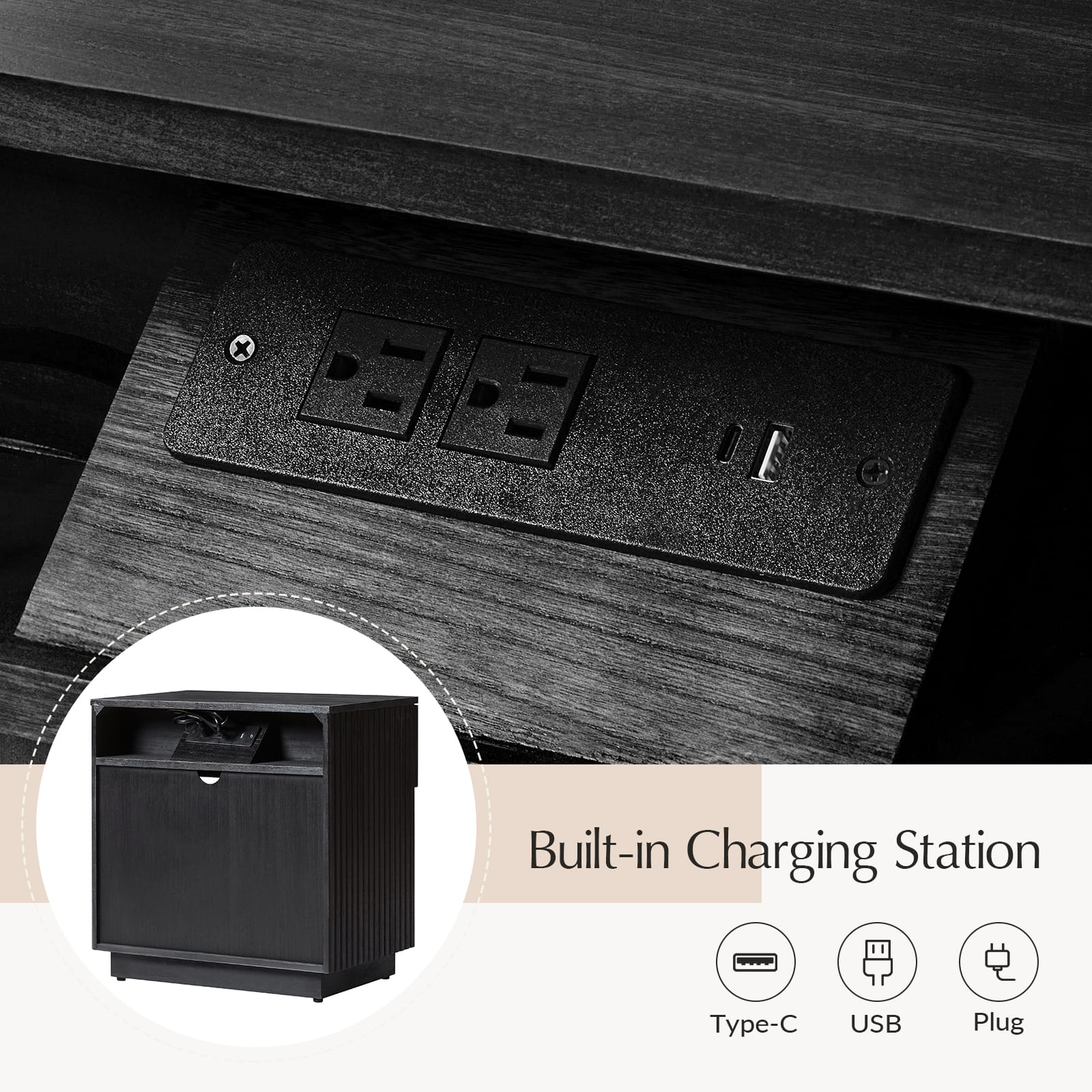 1 Drawer Nightstand with Open Shelf & USB Charging Station - Modern Bedside Table for Small Spaces, Bedroom, Living Room | Optional Types Available