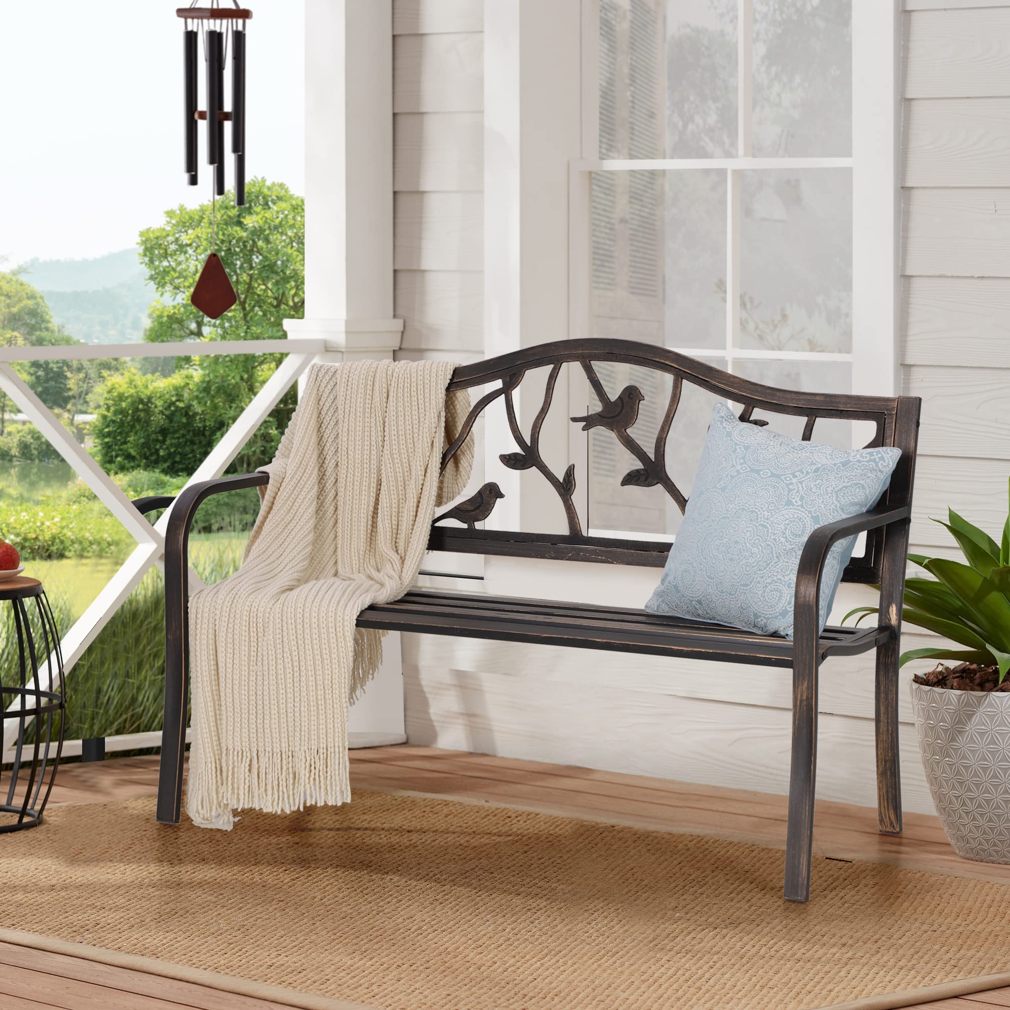Sophia & William Wrought Iron Outdoor Bench with Backrest & Armrests - Patio, Porch, Garden Seating Furniture in Bronze Finish for Relaxing Outdoors