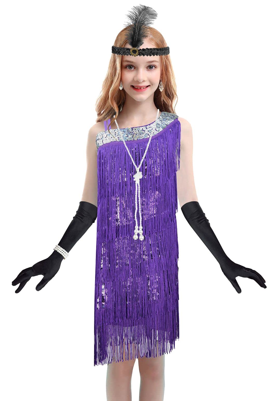 1920s Kids Sequined Fringed Chicken Feather Dress - Latin Dance Costume Set for Girls Performance, Party & Halloween (Gold/Red) - Perfect for Dance Competitions, Stage Shows & Themed Events