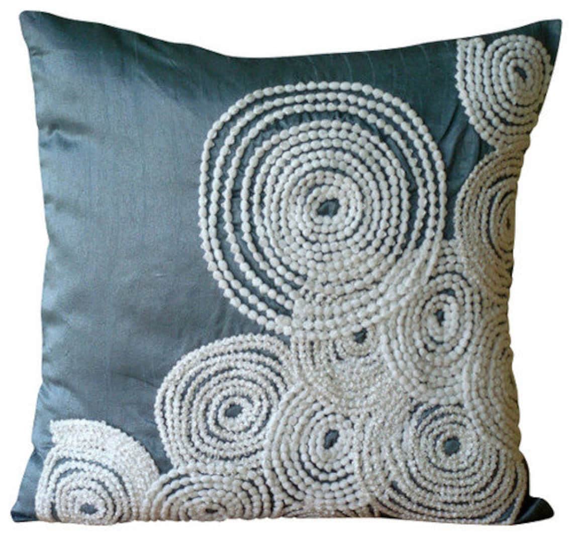 Blue Spiral Pompom Lace Decorative Pillow Cover 20x20 Inch - Geometric Square Silk Cushion Case for Sofa, Bed & Home Decor | Snow Centric Design
