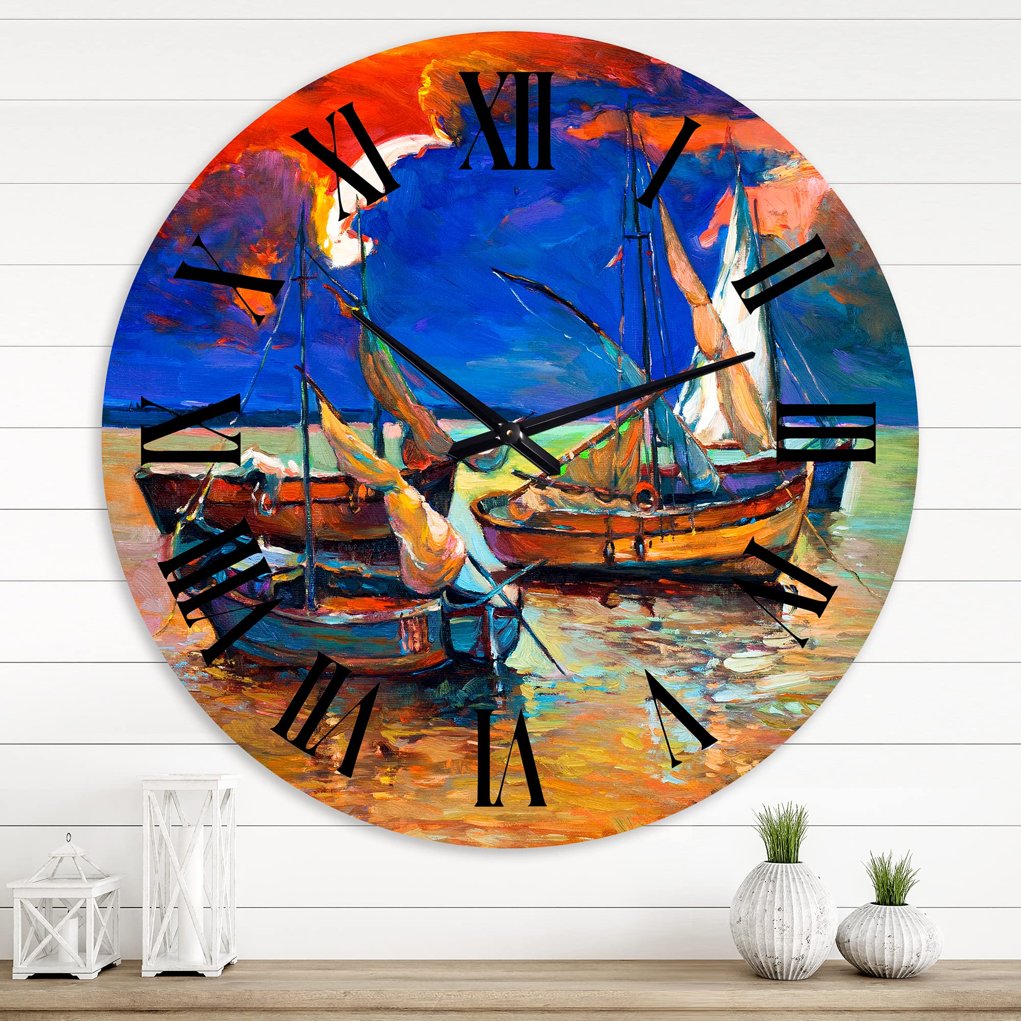 DesignQ Lake House Wall Clock - Nautical Fishing Boats on Water with Dark Blue Sky - Large Beach Themed Wall Clock for Bedroom, Living Room, Office Decor | Perfect for Coastal, Cottage & Lake House Interior Design