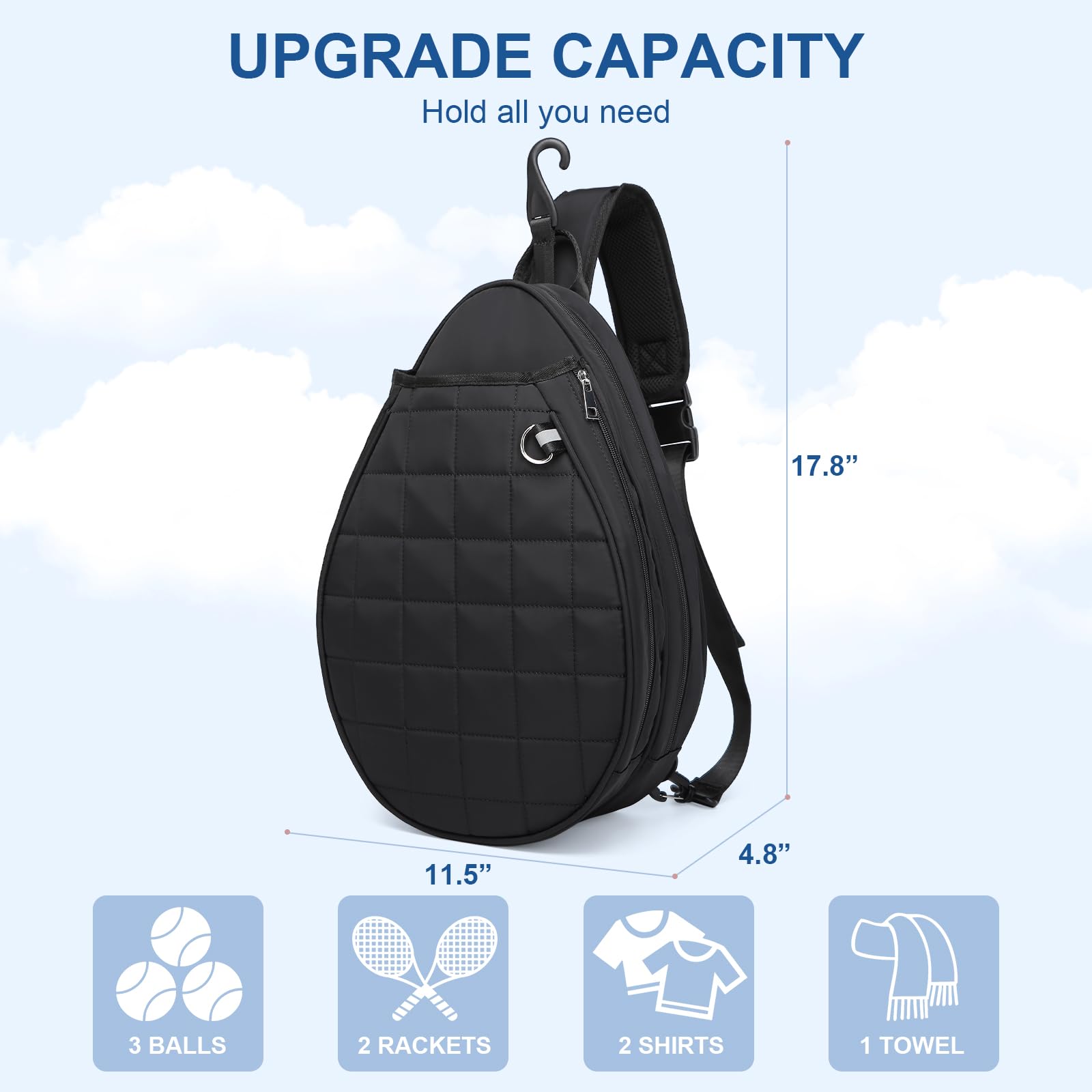 Premium Tennis Backpack for Women & Men - Holds 2 Rackets, Waterproof Pickleball Bag with Quilted Design & Safety Pocket - Ideal for Tennis, Pickleball & Gym Use