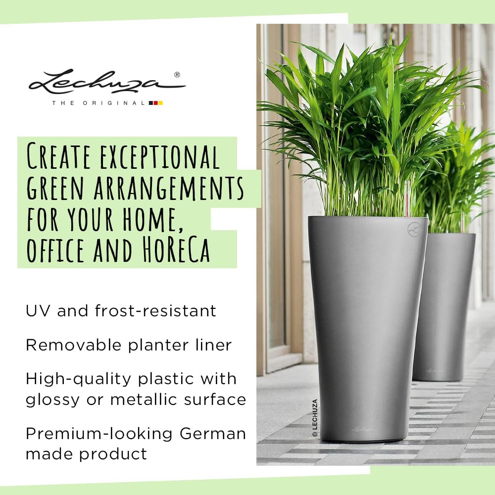 Lechuza Delta 40 Self-Watering Planter - Large Indoor/Outdoor Garden Flower Pot with Drainage Holes & Plant Substrate - 29.5 Inch (75cm) Charcoal Metallic Polyresin - Perfect for Living Room, Patio, or Office Decor