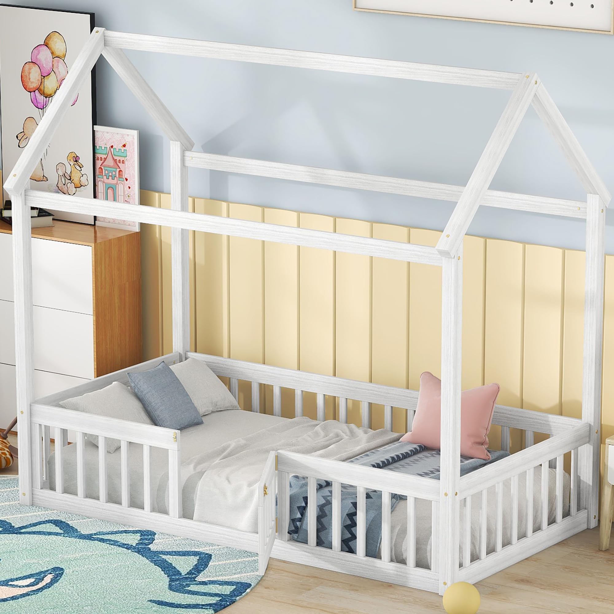 Montessori Floor Bed for Kids - Twin Size House Bed with Safety Rails & Door - White Wooden Toddler Bed for Boys & Girls - Perfect for Montessori Bedrooms & Playrooms