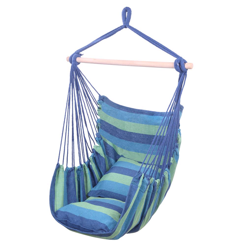 Distinctive Blue Cotton Canvas Hanging Rope Chair with Pillows - Perfect for Indoor/Outdoor Relaxation, Patio Lounging & Boho Home Decor