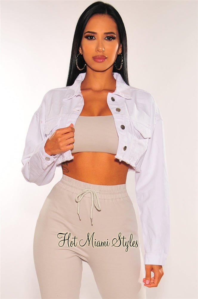 White Denim Long Sleeve Destroyed Back Cropped Jacket for Women - Vintage Distressed Denim Jacket with Ripped Details - Perfect for Casual Outfits, Streetwear & Fall Layering