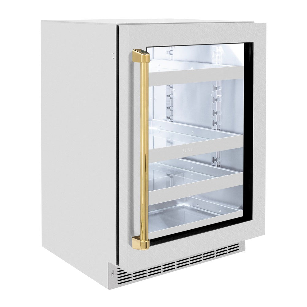 ZLINE Autograph Edition 24 Inch Touchstone 151 Beverage Refrigerator - Stainless Steel Glass Door with Gold Handle - Perfect for Home Bar, Kitchen, or Office - Energy Efficient Drink Cooler for Wine, Beer & Soda (RBSOZ SN 24 G)