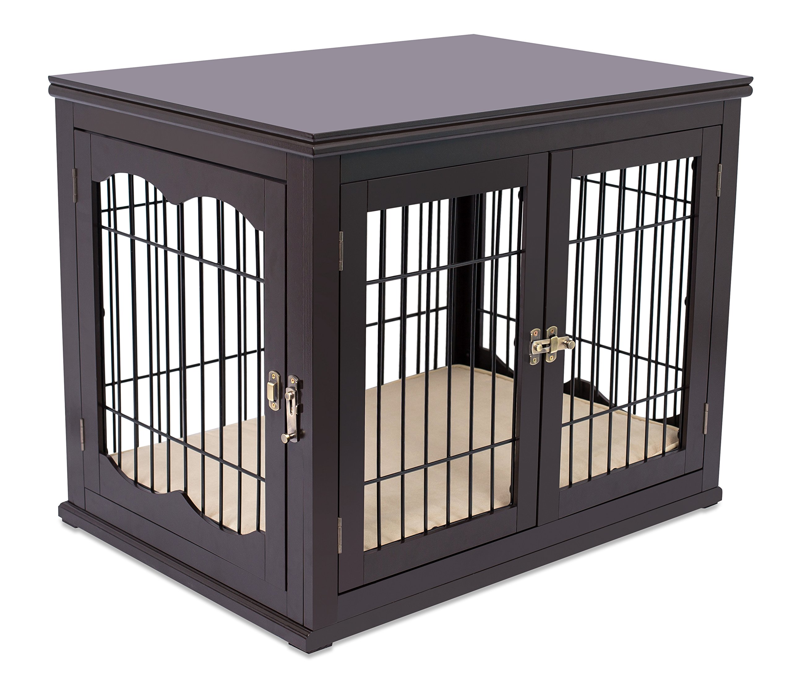 BIRDROCK HOME Wooden Dog House with Pet Bed - Espresso Double Door Indoor Dog Crate for Small Dogs | Decorative Pet Kennel & Side Table Nightstand - Perfect for Living Room, Bedroom, or Office Use