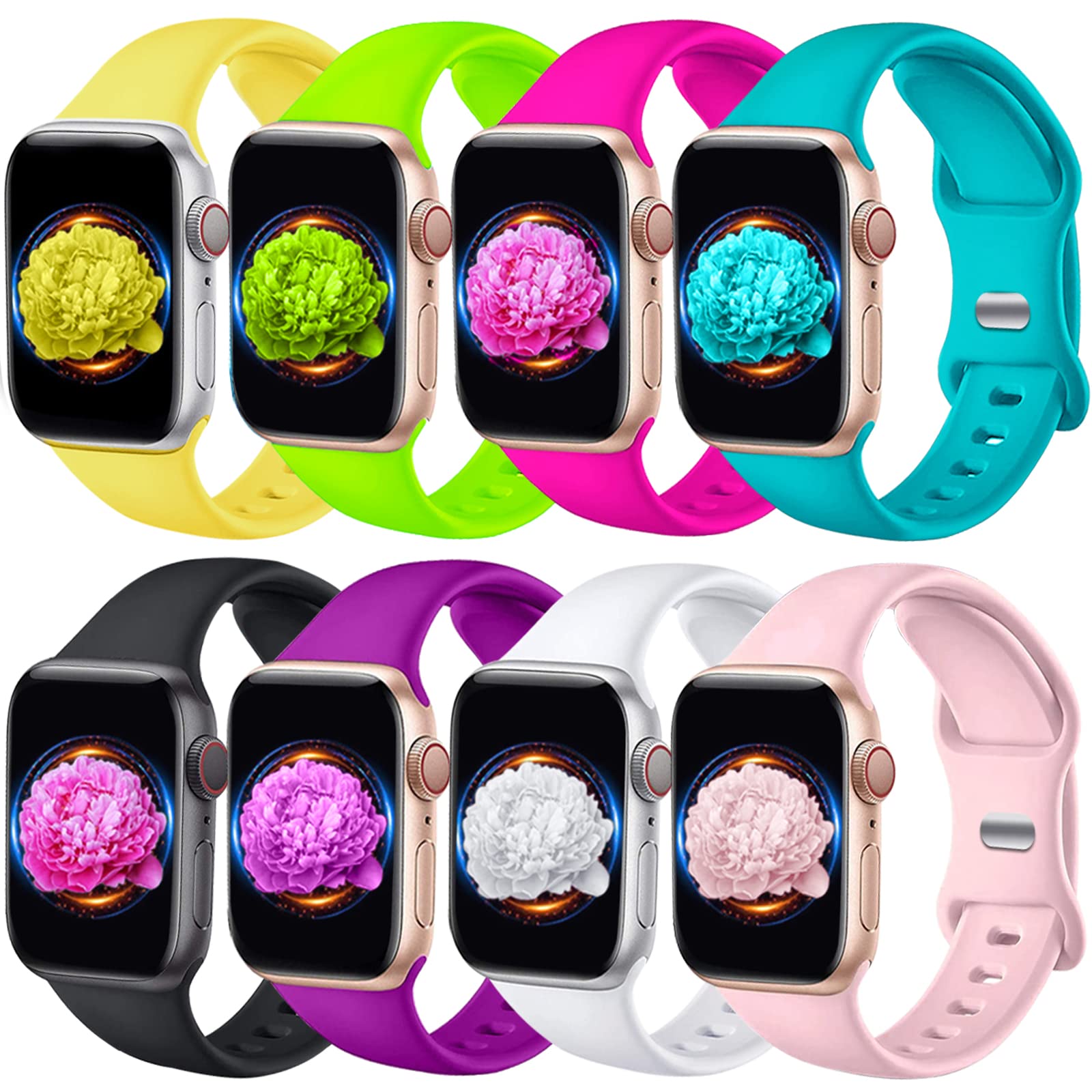 8 Pack Soft Silicone Sport Bands Compatible with Apple Watch 38mm 40mm 41mm 42mm 44mm 45mm 46mm 49mm - Breathable Strap for iWatch Series Ultra 10 9 8 7 6 5 4 3 2 1 SE - Perfect for Gym, Running, Swimming & Everyday Wear